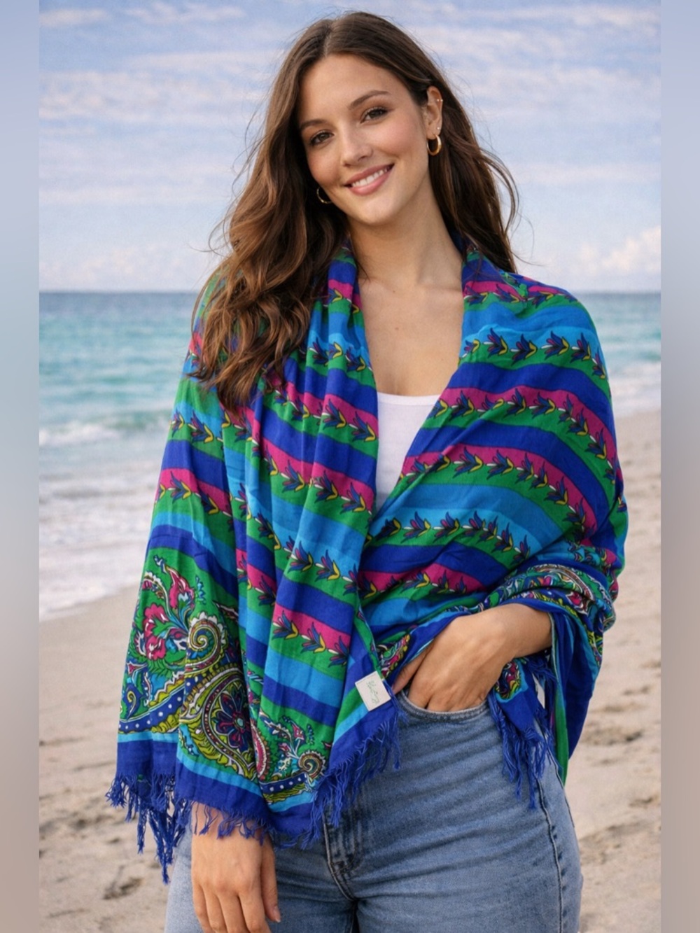 Vera Bradley Colorful Paisley Scarf Blue Green Pink Boho Fringe Wrap